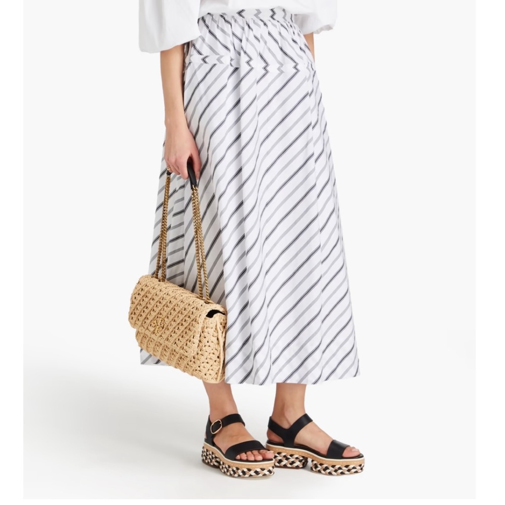 Tory Burch Black White Striped Poplin Midi Skirt - Full, 100% Cotton NWT